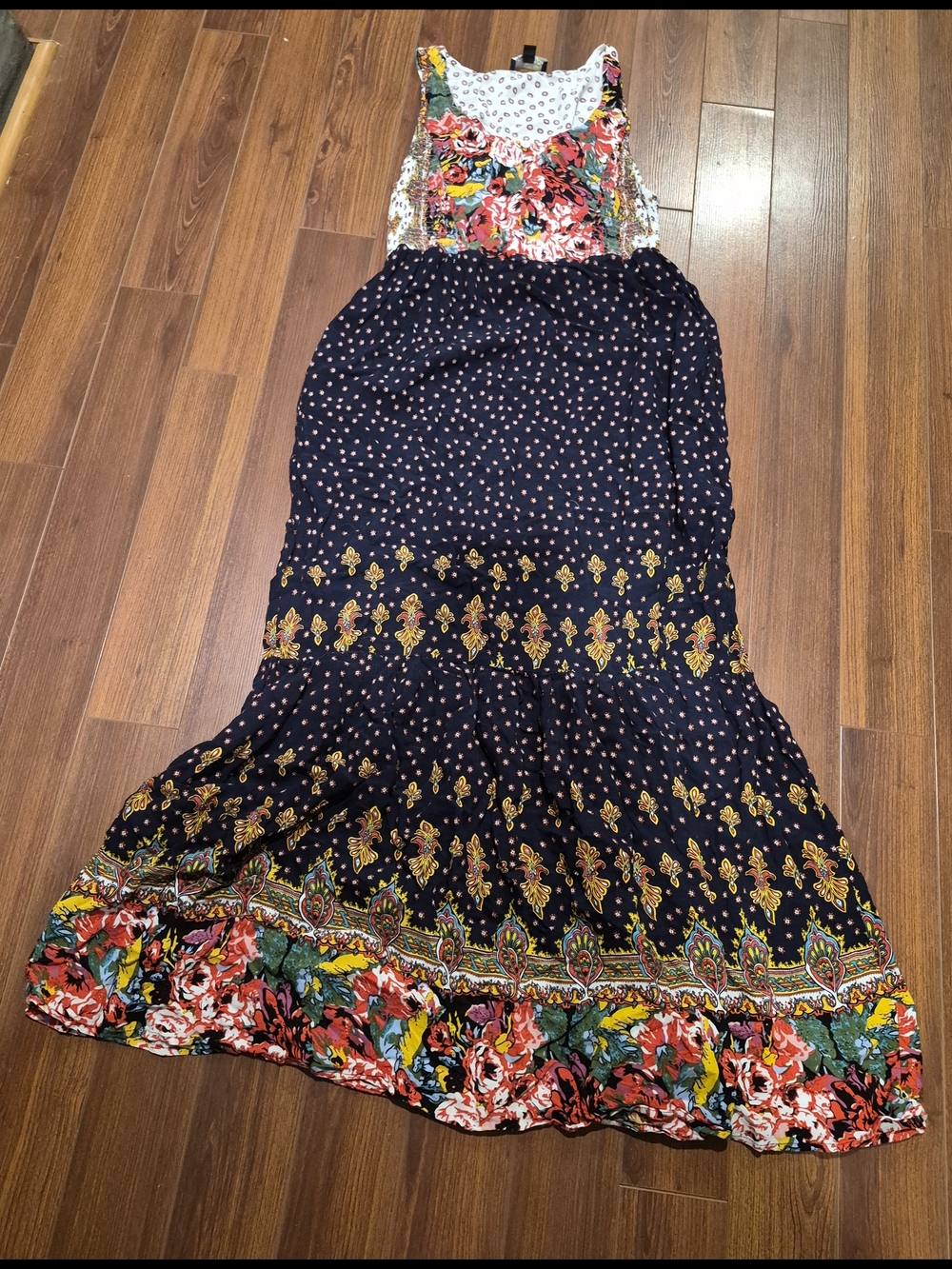 Suzanne Betro Boho Sundress Navy with Red, Yellow & Teal Floral Accent
